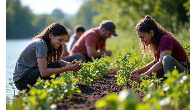 Group of diverse individuals planting trees near a river, demonstrating community action and restoration.