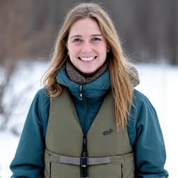 Portrait of Sarah, a Northcurrent Outfitters fishing guide, standing by a boat with safety gear.