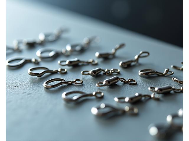 Arrangement of various fishing hooks, swivels, and weights on a textured angling workbench, neatly organized.