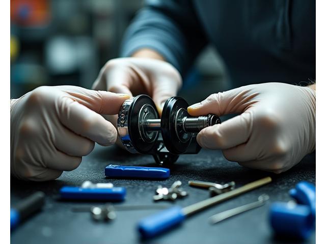 Close-up of a technician meticulously repairing a fishing reel with specialized tools on a clean workbench.