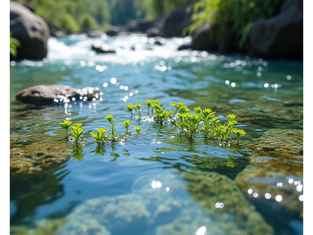 Clean, clear river water flowing over smooth rocks, with green moss and vibrant aquatic plants visible, symbolizing environmental health.