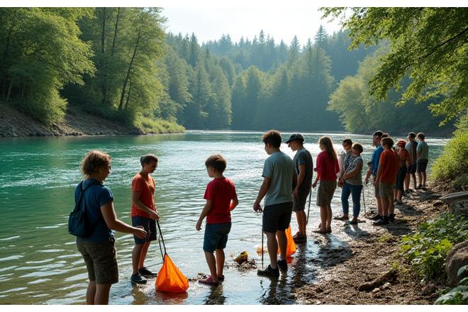 Group of diverse anglers of all ages participating in a river clean-up, picking up litter along a scenic Canadian riverbank.