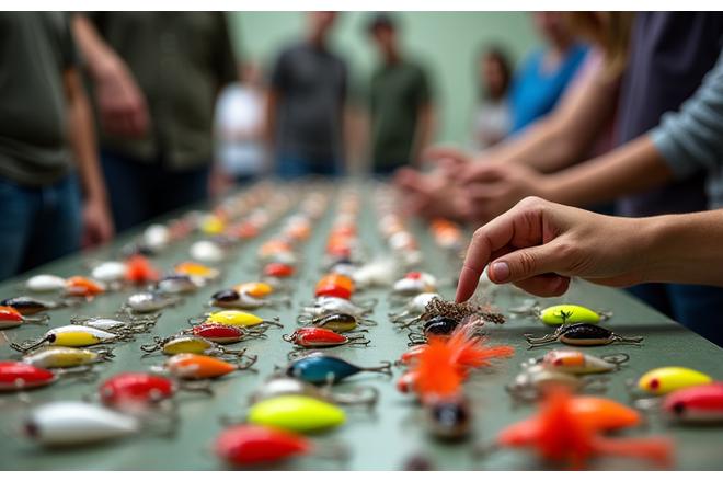 Table display of various fishing lures, each with a tag describing optimal use while an instructor points to a specific lure.