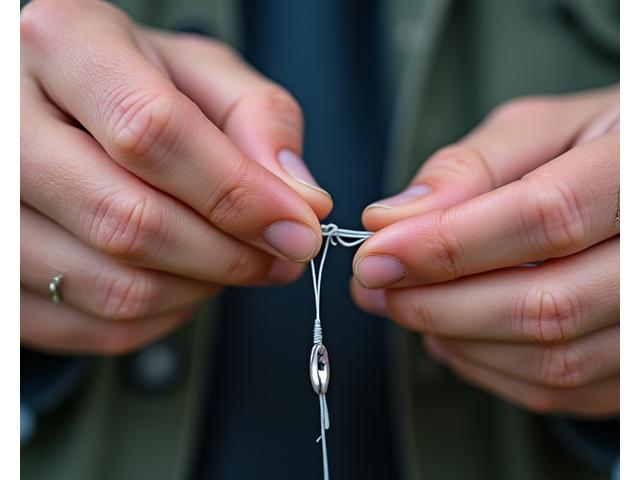 A close-up of a fisherman tying a fishing knot with monofilament line.